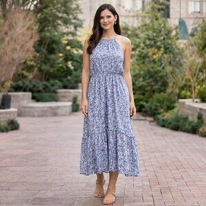 Lush Sky Blue Floral Tiered Ankle Dress | Elastic Waist Sleeveless Halter - S